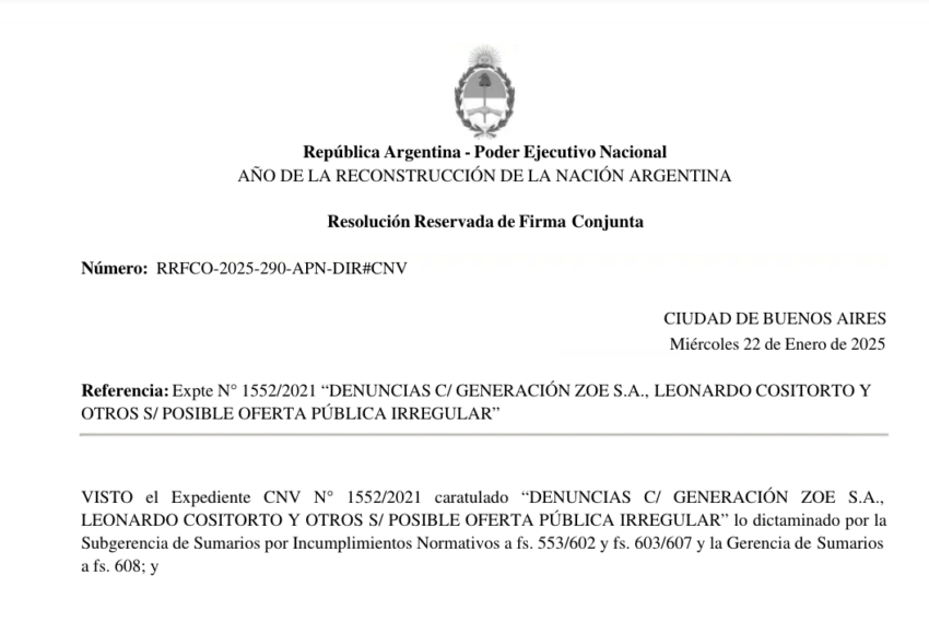 La CNV de Argentina absolvió a Leonardo Cositorto y Generación Zoe. 
